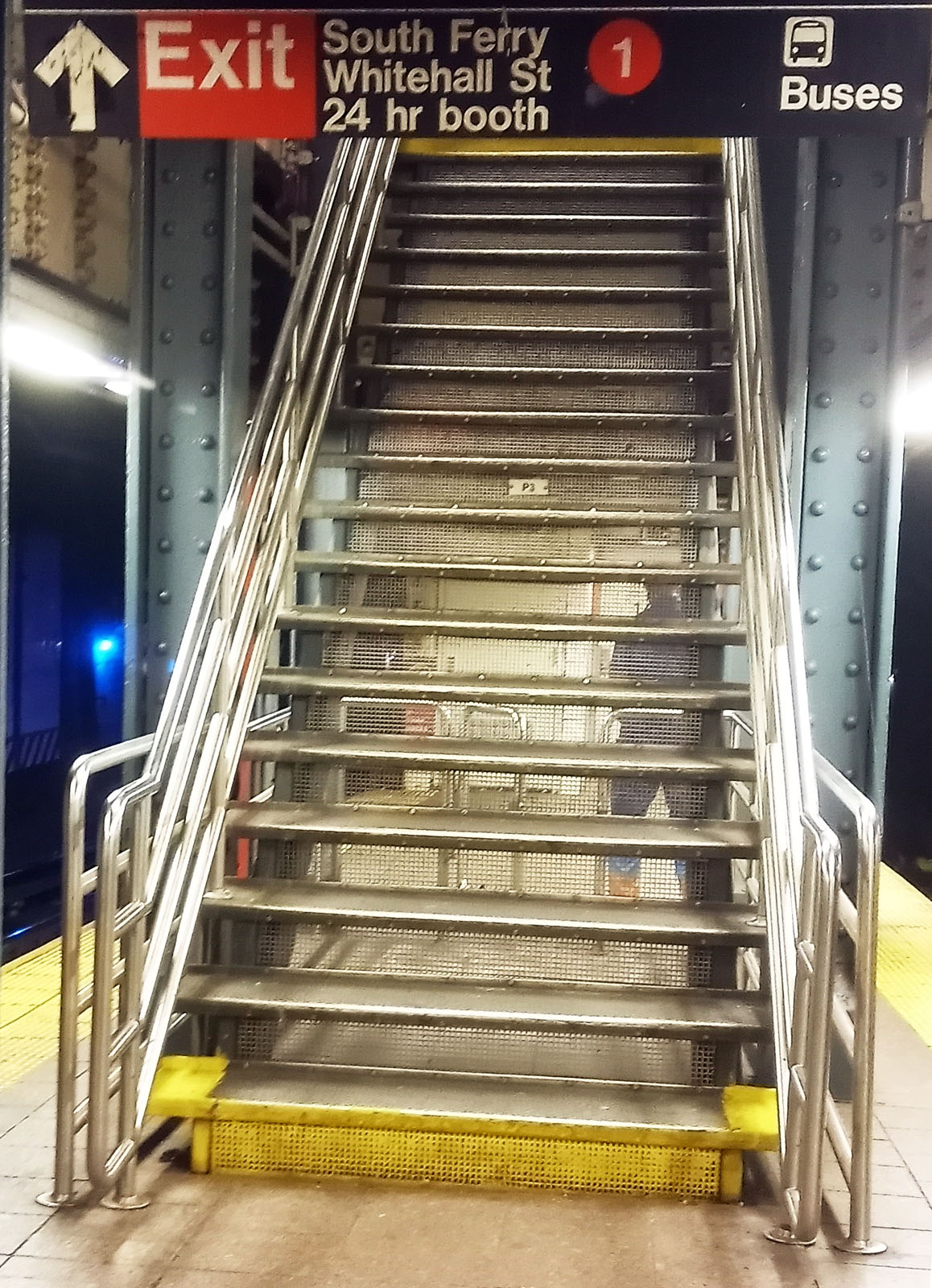 NY NY, Whitehall St-South Ferry subway station, R uptown side, stairs exit up to South Ferry